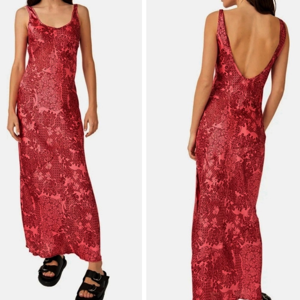 FREE PEOPLE WORTH THE WAIT BIAS CUT SLEEVELESS FLORAL MAXI DRESS LARGE RED - Picture 3 of 10